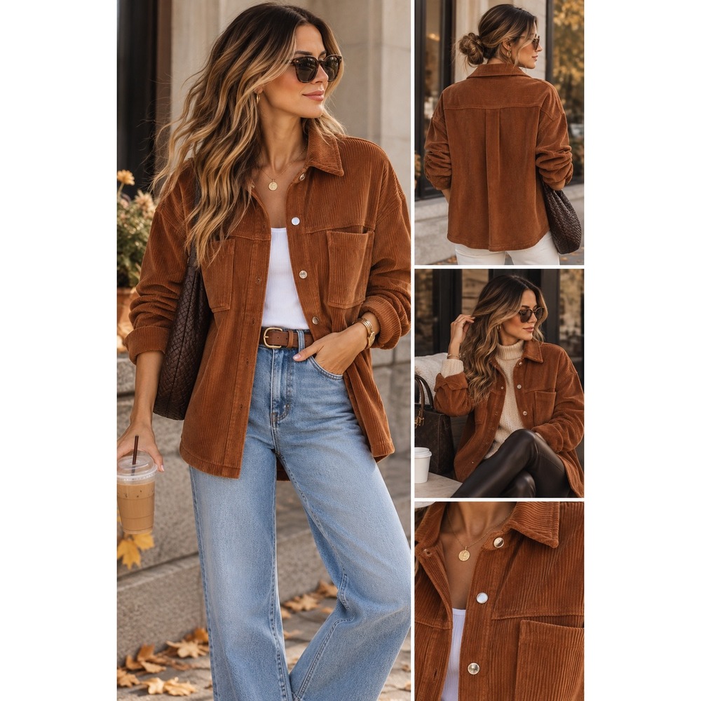 Mi Ami for Francesca's Corduroy Shacket Umber Brown Button Down Jacket L